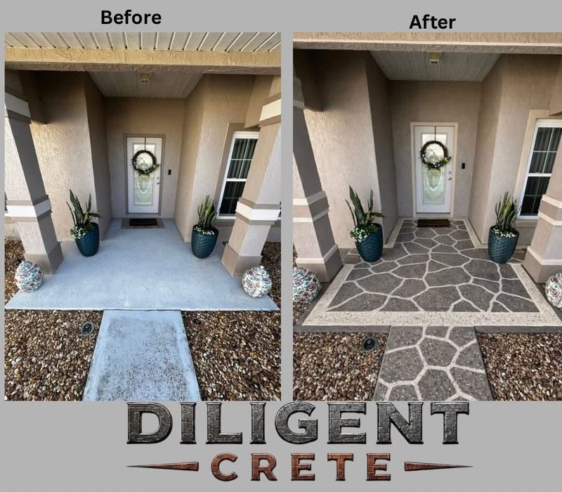 Before and after of a front entry and walkway: plain grey concrete on the left, slate-grey random stone stamped overlay on the right